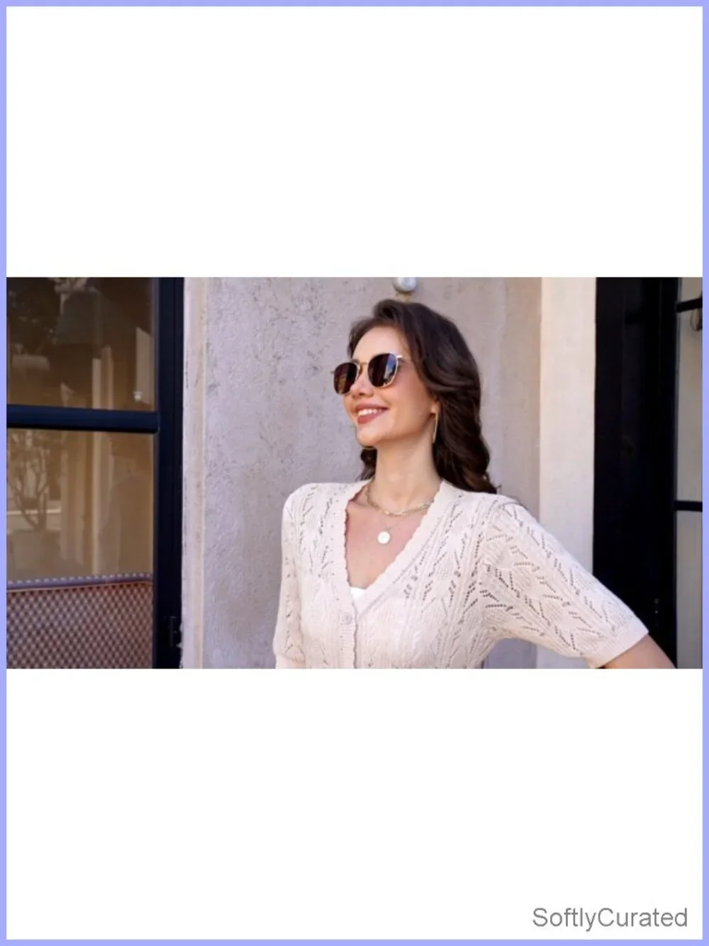 Crochet Short Sleeve Cardigan Lightweight Shrug V-Neck Button Front